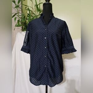 NWT Ann Taylor Navy Swiss Dot Ruffle Sleeve Button-Up Blouse Size XS